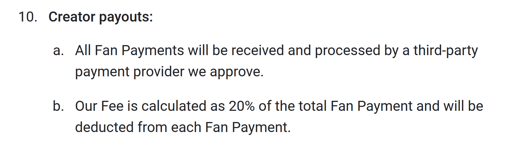 OnlyFans Fees in the Terms of service